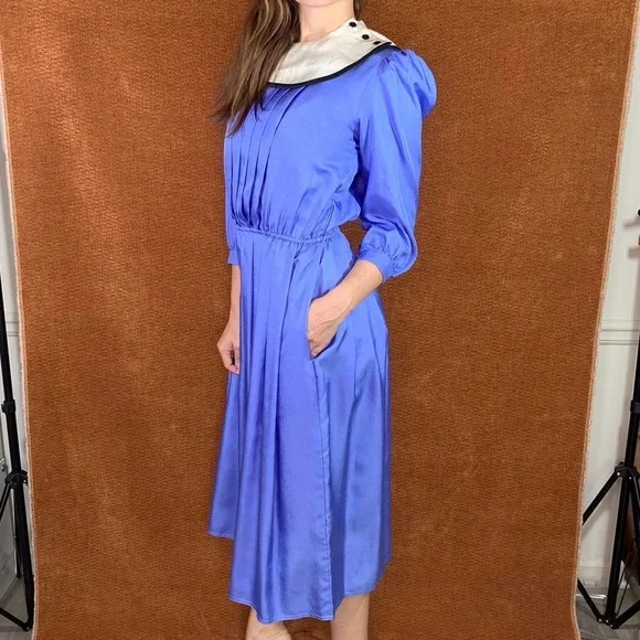 Vintage Joan Sparks Pleated Collared Prairie Blue Midi A-Line Dress, Size M. - Picture 2 of 4